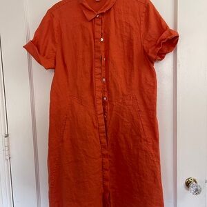 Button-Front Short Sleeve Linen Dress in Burnt Orange